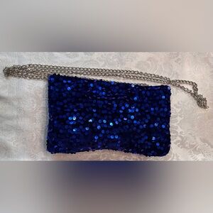 Blue Velvet Sequin Clutch Bag with Silver Crossbody Strap Convertible NWOT
